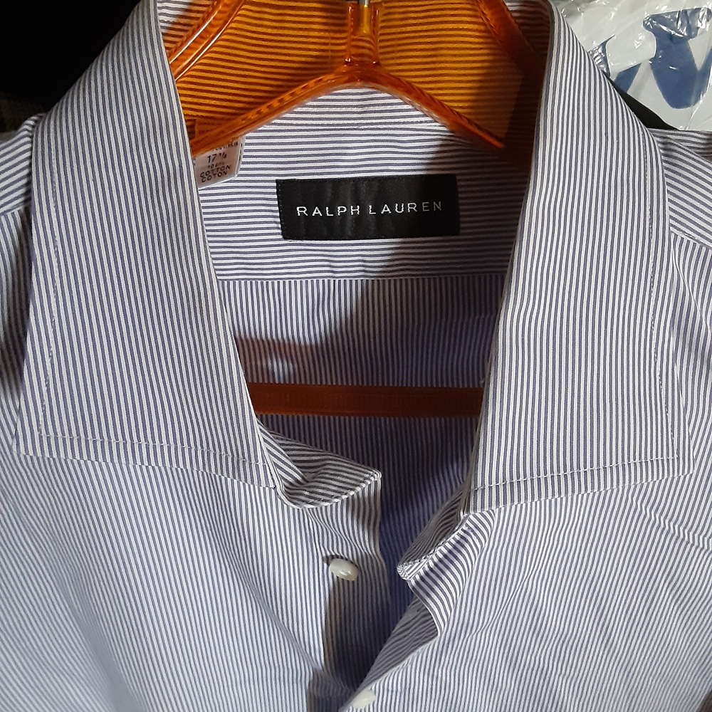 Ralph Lauren Men's Black Lapek: White and Gray Pinstripe Dress Shirt